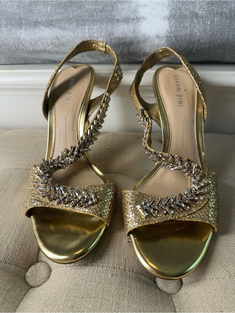 Gianni Bini Gold Crystal-Embellished Open-Toe Heels - Picture 1 of 3
